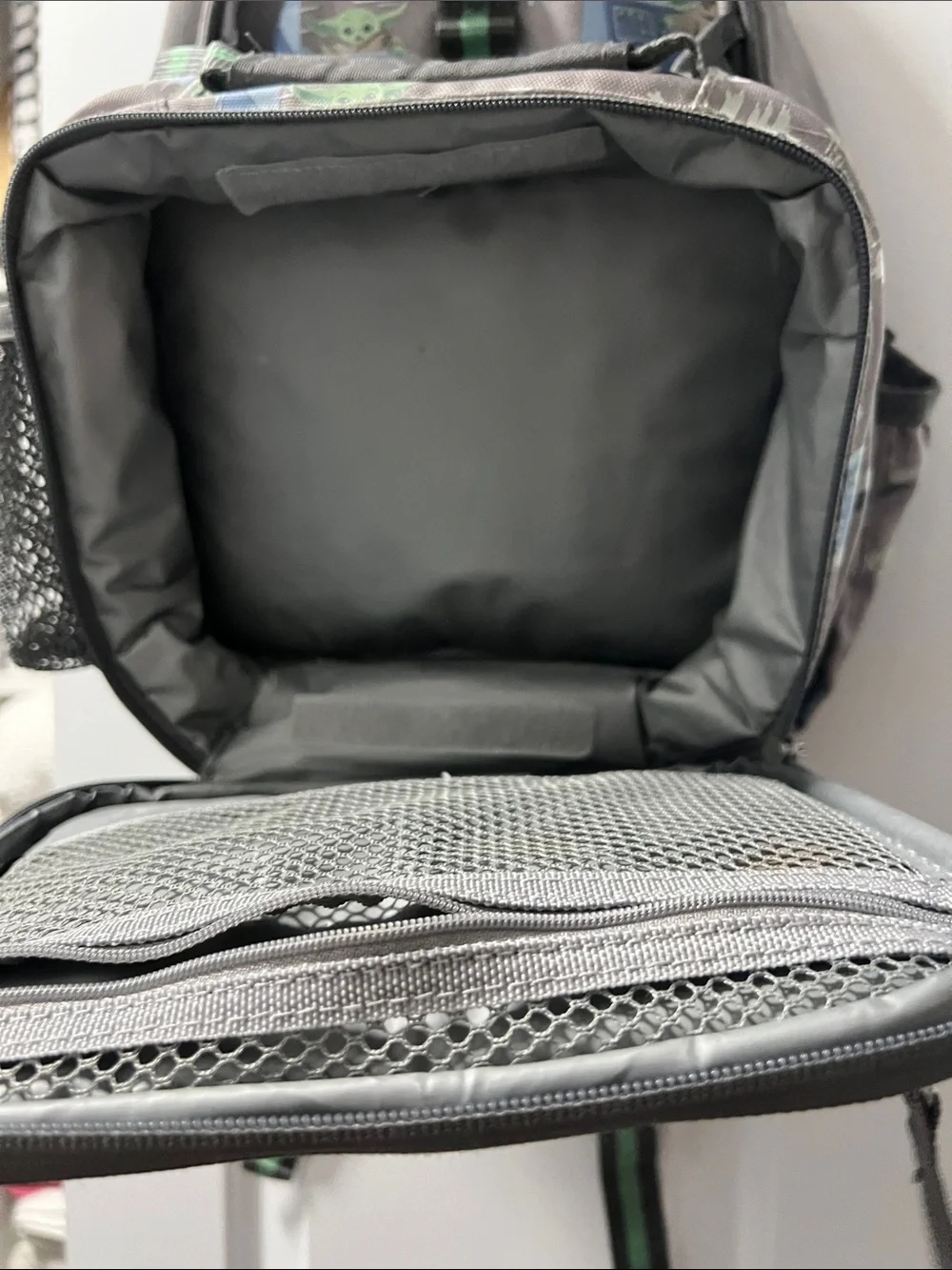 Pottery Barn Kids Gray Grogu-Themed Backpack with Green Accents